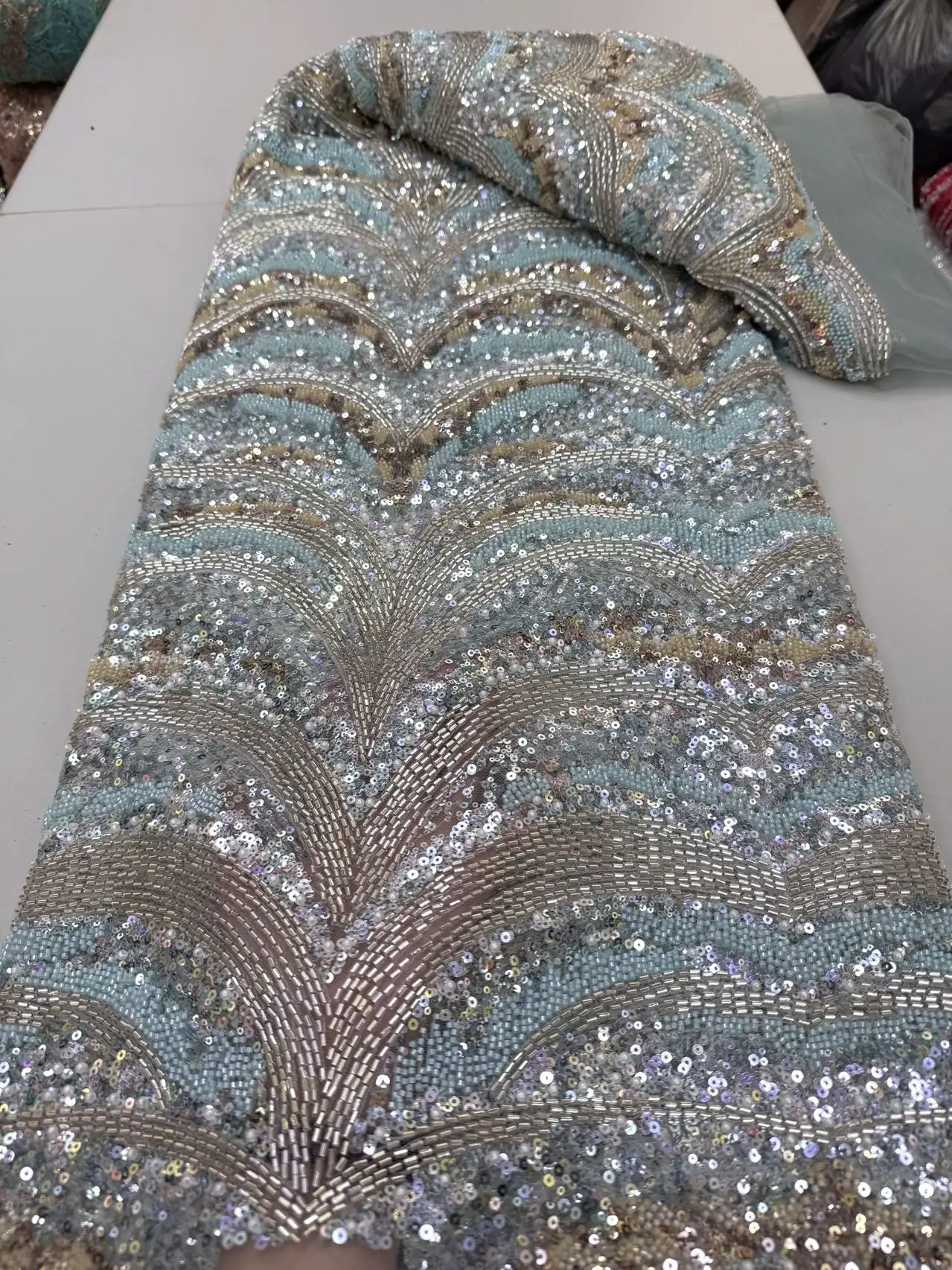 

Luxury African Beaded 2025 High Quality Nigerian Sequins With Pearl Lace French Tulle Lace Fabric For Party Dress Sewing