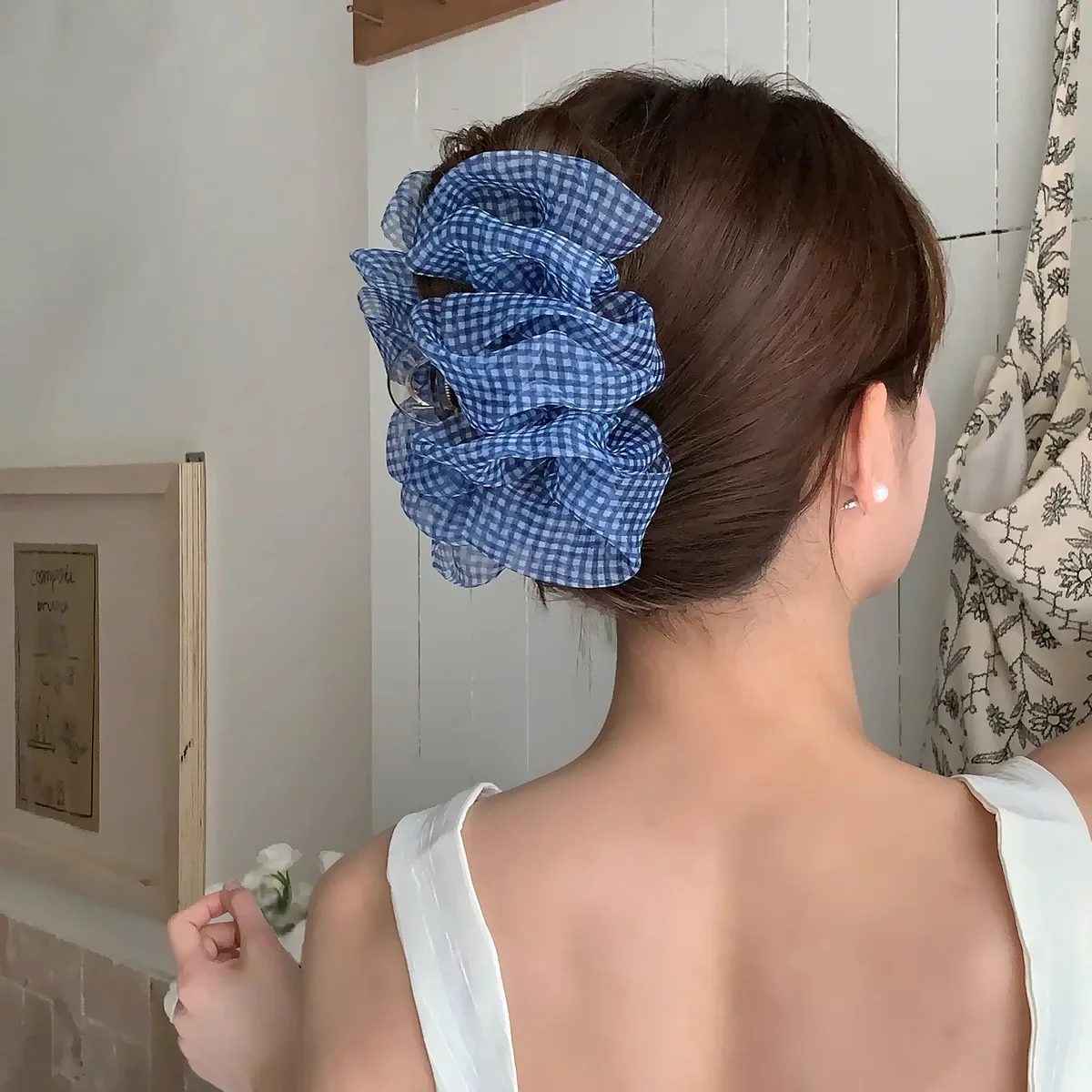 

Заколка для волос в клетку синего цвета из хлопчатобумажной ткани для женщин, элегантный темпераментный зажим в виде акулы, модная заколка для волос для девочек на затылке, зажим для хвоста