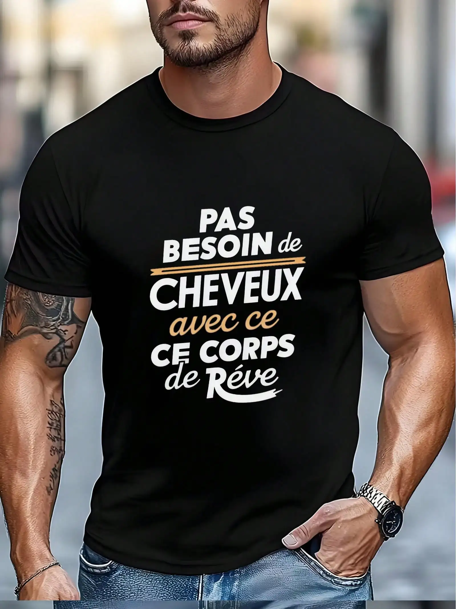 Men's Outdoor Casual Sports-Shirt, Men's Pas Besoin de Cheveux Humorous French Quote-Shirt - Lightweight round-neck short-sleeve