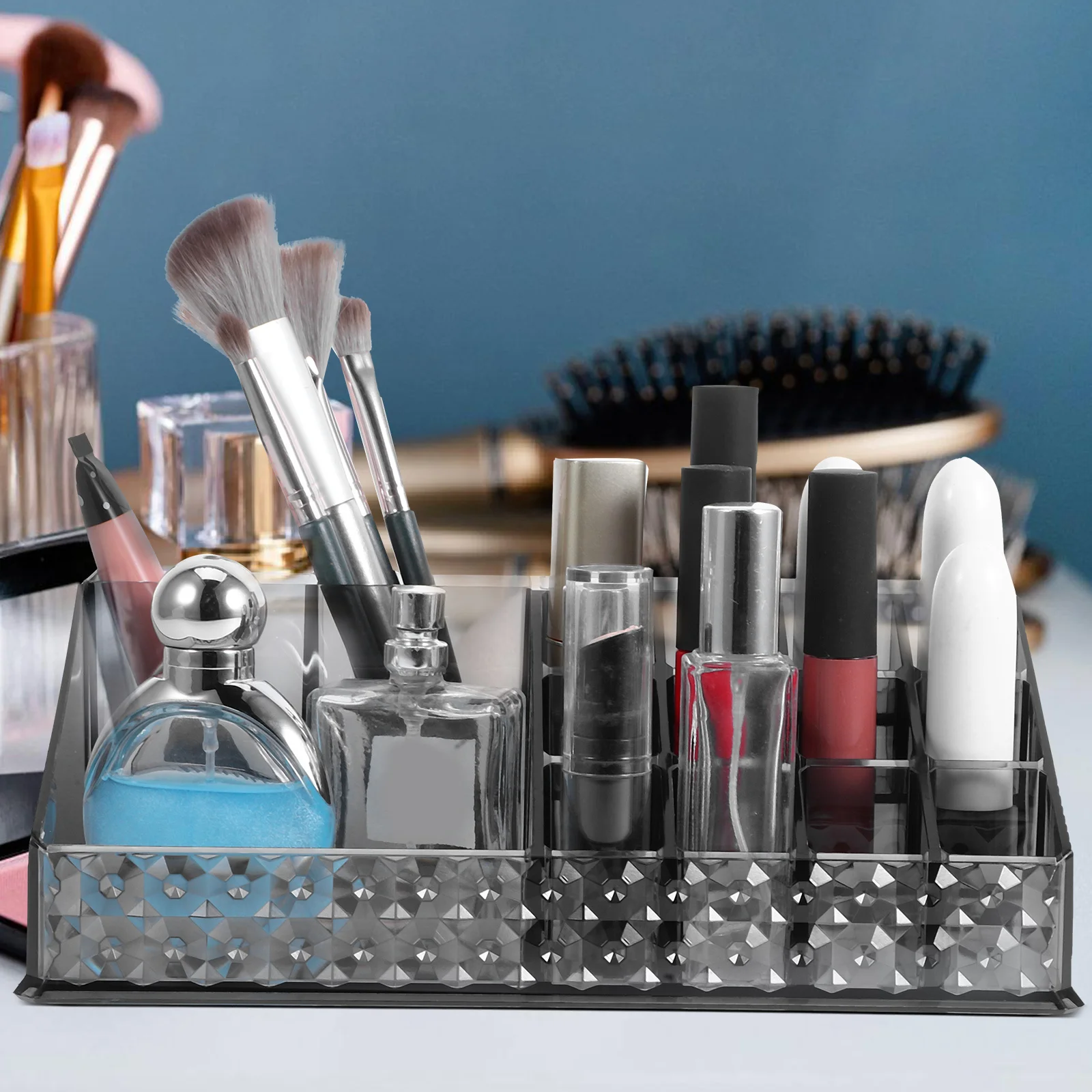 

Acrylic Makeup Organizer Texture Vanity Storage Box Open Top Cotton Pads Holder Cosmetics Brush Lipstick Lip Gloss