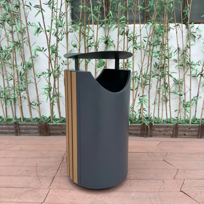 Heavy-Duty Street Waste Bin Wood Plastic Trash Can Streetscape Cylindrical Waste Bins Galvanized Steel Litter Bin with Lid Lock