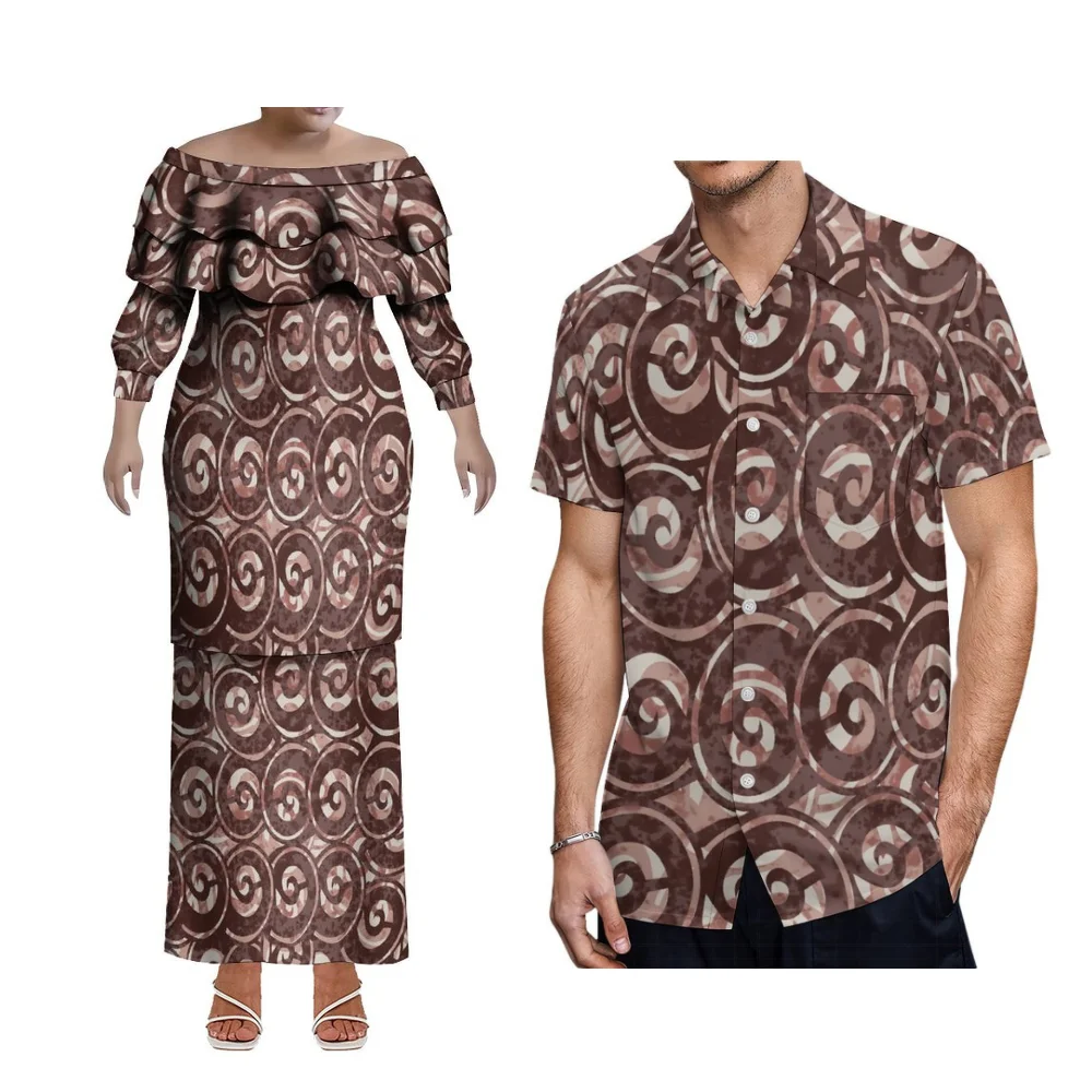 Damskie polinezyjskie bluzki z długim rękawem na jedno ramię i długie komplety Puletasi, hawajskie koszule męskie plus size dla par na imprezę.