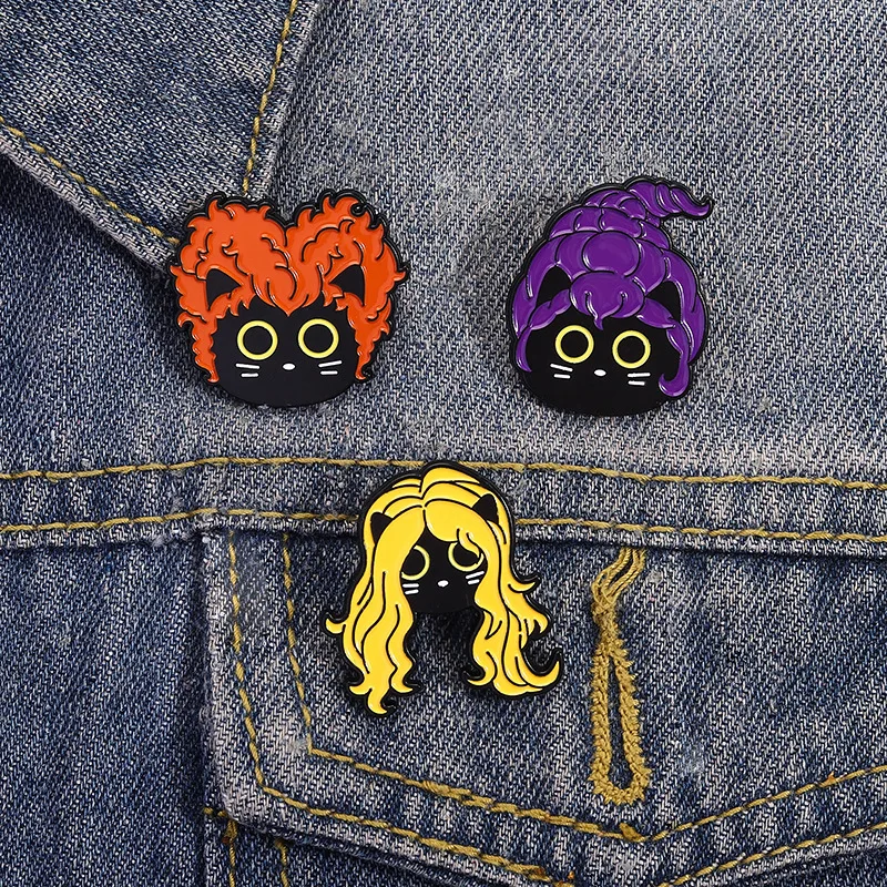Creative Personality Funny Wearing Colored Hair Cover Black Cat Alloy Baked Paint Brooch Cartoon Badge Enamel Pin Badges Metal