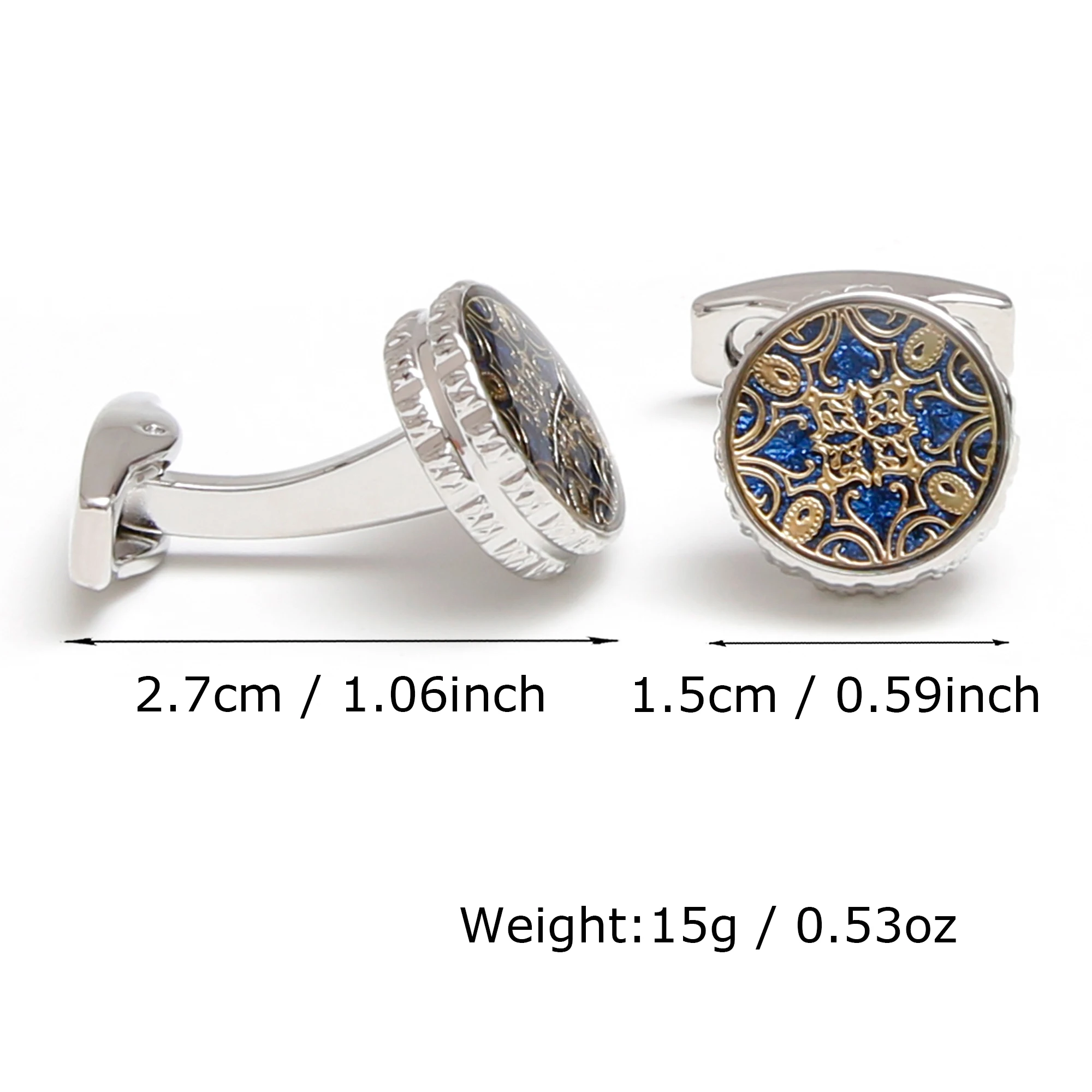 Cufflinks for Men TOMYE XK25003 Cute Blue Background with Golden Patterns Round Dress Shirt Cuff Links Jewelry