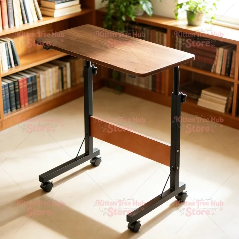 C-Shaped Rolling Side Table, Metal & Wood Construction, 360 °   Wheels, up to 30kg Load for Rv & Home