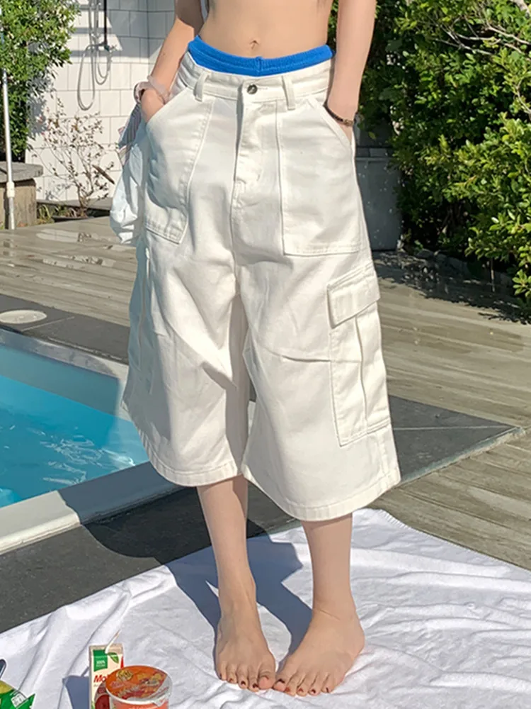 

White High Waist Straight Wide Cargo Jeans Short Mujer Y2K Streetwear 2000s Casual Loose Pocket Denim Baggy Shorts Women Bermuda