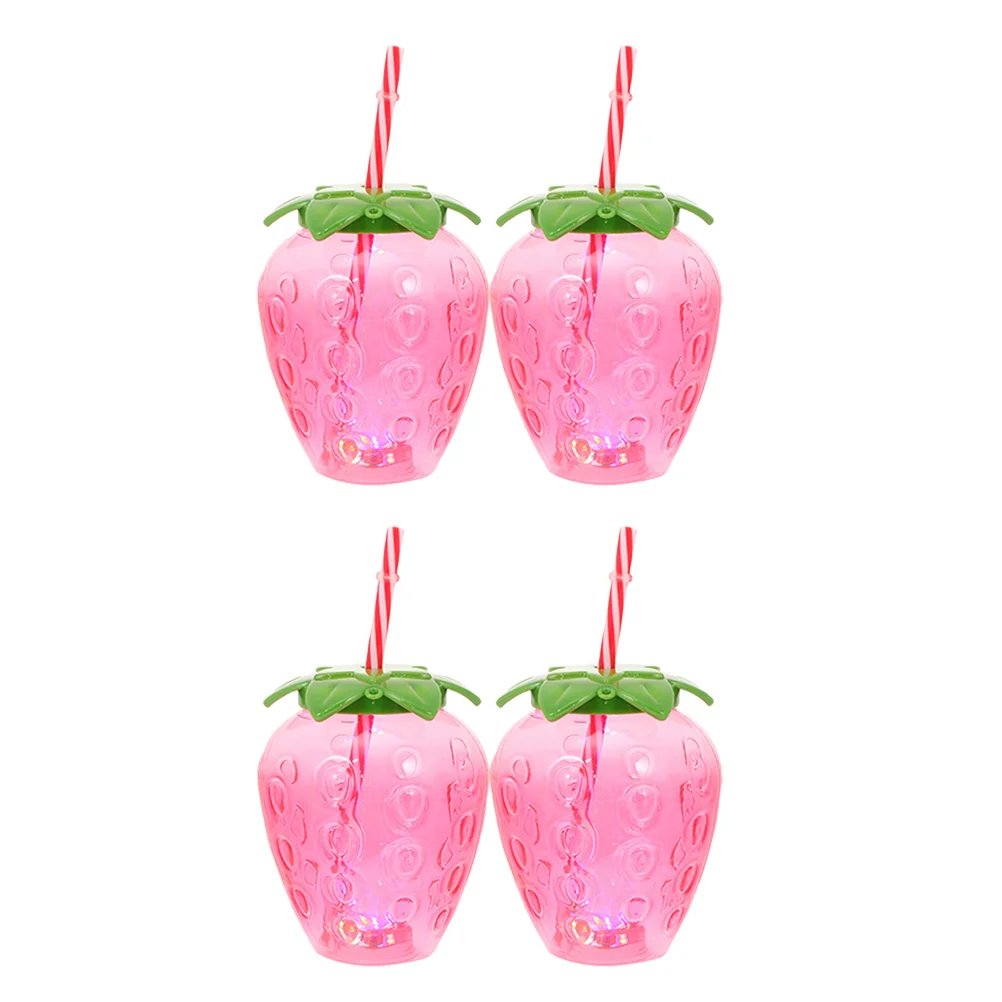 4 Sets Milk Tea Cup Strawberry Straws Clear Water Light Cups Red Pp Material Bottle Child