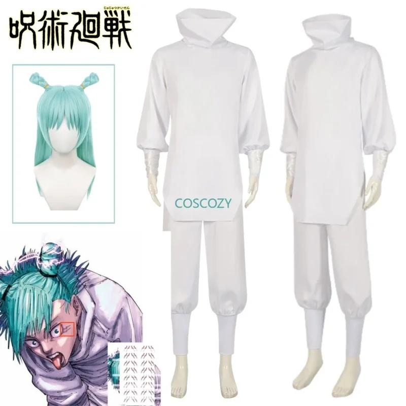 

2025 New Anime Jujutsu Kaisen Kashimo Hajime Cosplay Costume White Uniform Top Pant Wig Tattto Stickers Outfit Carnival