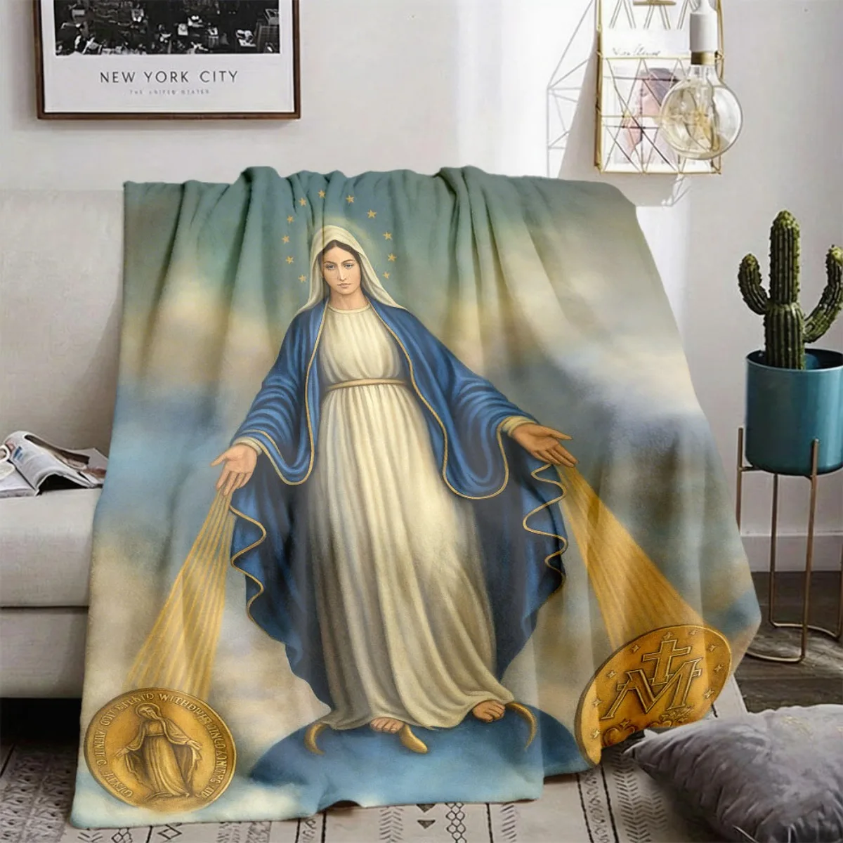 Luxurious Religious Art Blanket Throw Christian Mary Divine Lady Queen Gift Fleece Bedspread 150x200cm Boho Home Decor