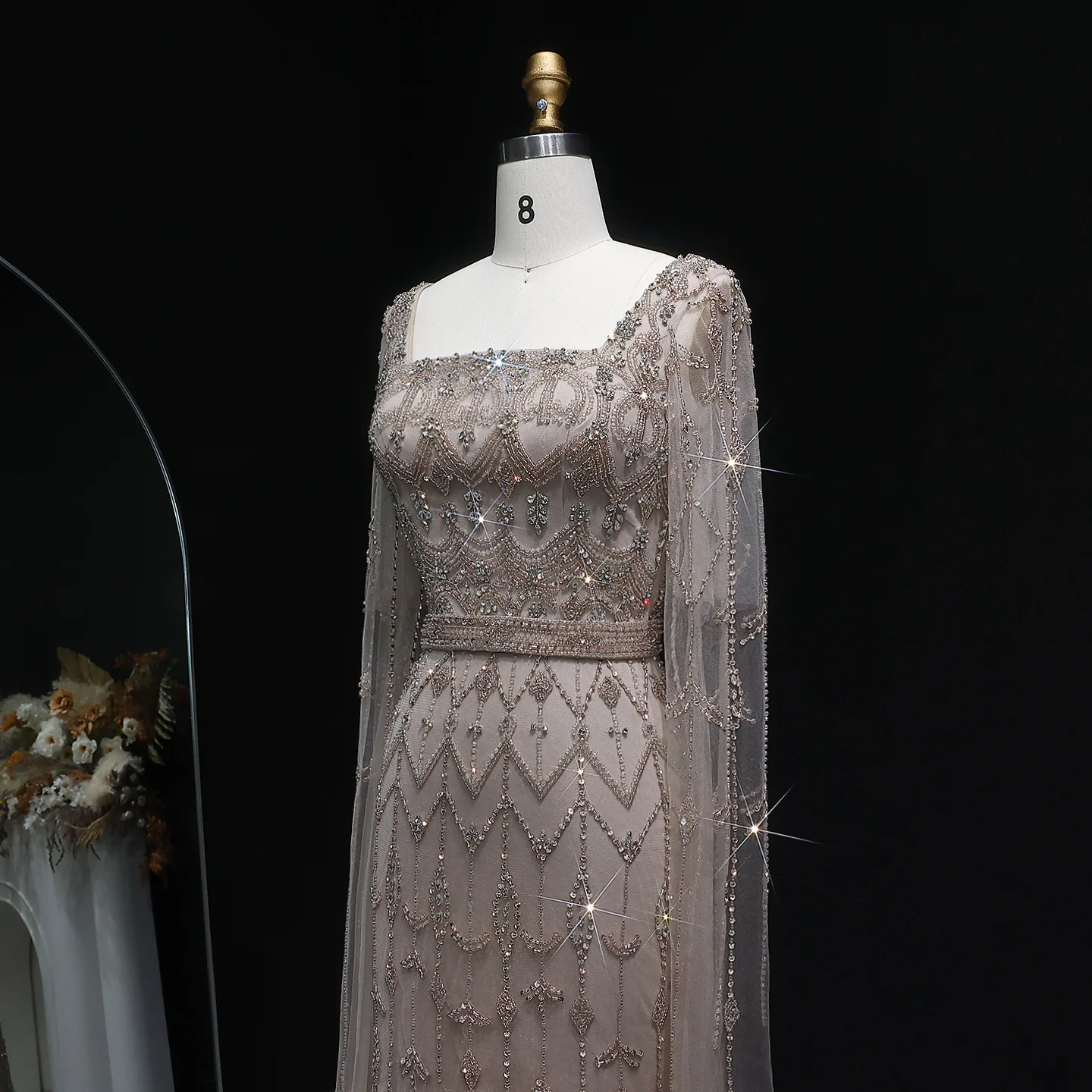 Sharon Said Luxuriöses Kristallrosa Quadratisches Abendkleid mit Cape-Ärmeln, Türkis, Arabische Damen Hochzeitsfeierkleider SS089, Anpassbar – Detail 12