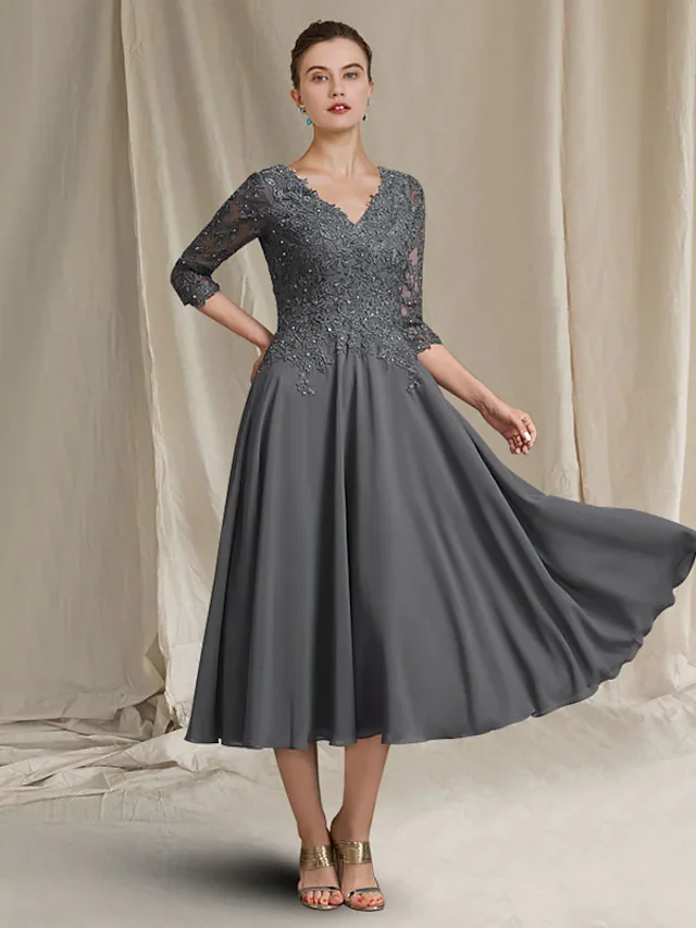 

Elegant Mother of the Bride Dress Plus Size Elegant V Neck Floor Length Tea Length Chiffon Lace 3/4 Length Sleeve with Pleats