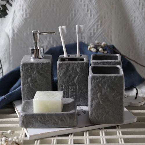 Bathroom Accessories Imitation Stone Ceramic Mouthwash Cup Soap Dish Lotion Bottle Decoration Household Supplies