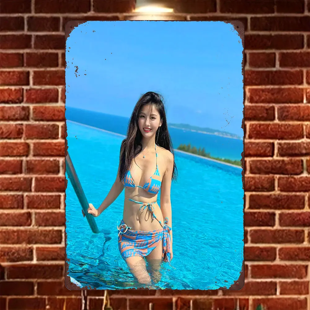 HD Tin Sign Vintage Asian Girl in Blue Orange Geometric Print Bikini at Infinity Pool Metal Wall Art Retro Decor for Home Bar Ca