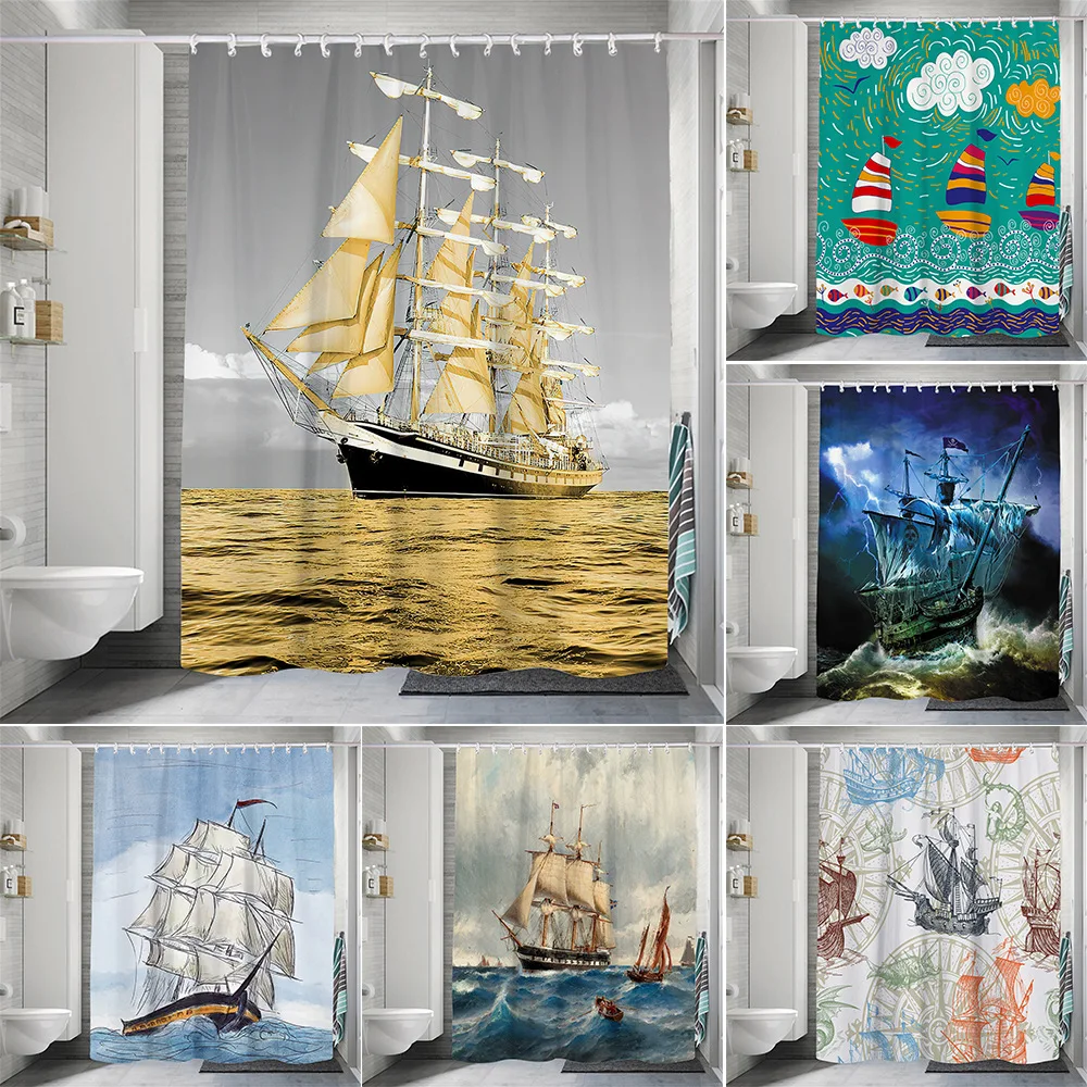 Ship Anchor Rudder Boat Shower Curtain Pirate Sailboat Starfish Bathroom Wall Hanging Curtains Waterproof Hooks Screen Decor