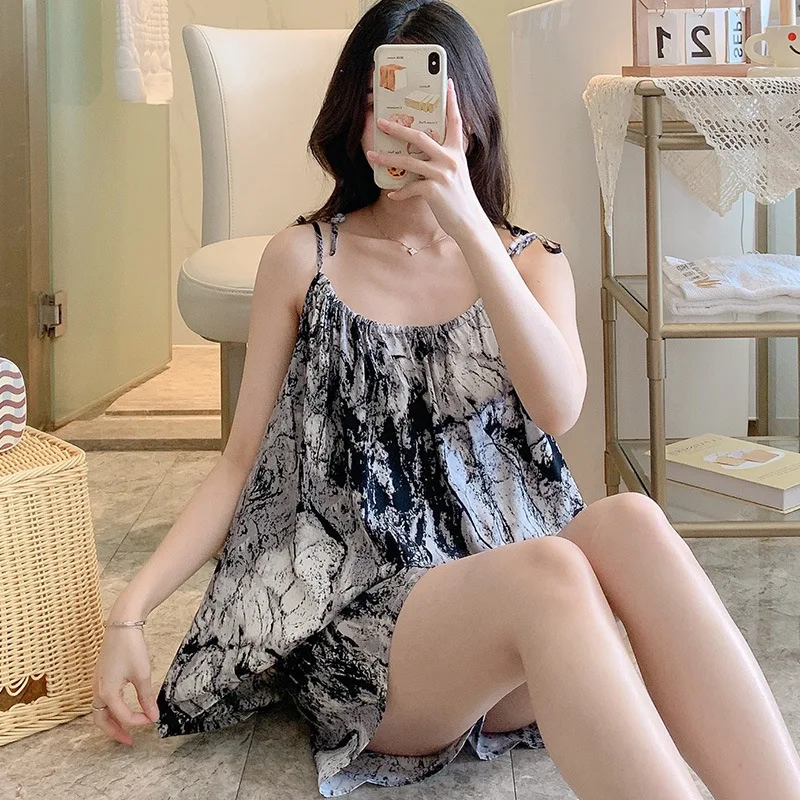 Camisole Floral Print Woman Satin Summer Nightgowns Nightdress Night Robe Lounge Women Pijama Sleepwear Pajama Pj