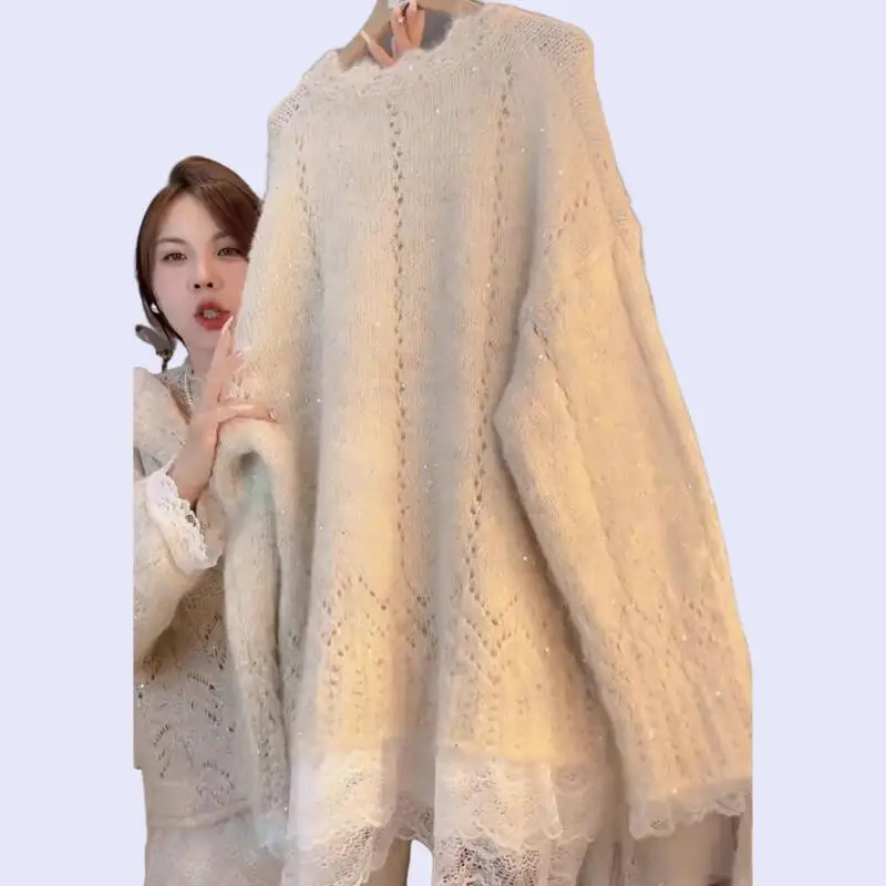 2026 Women Autumnwinter Sweet Western Style Bow Design Long Sweater Lazy Style Cute Soft Lace Splicingloose Comfort Knittedtops