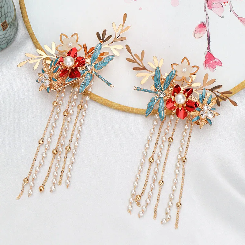 

2pcs Red Flower Hairpins Vintage Tassel Hair Clip Noiva Jewelry Chinese Hanfu Hair Accessories Customes Dress Headdress Gifts