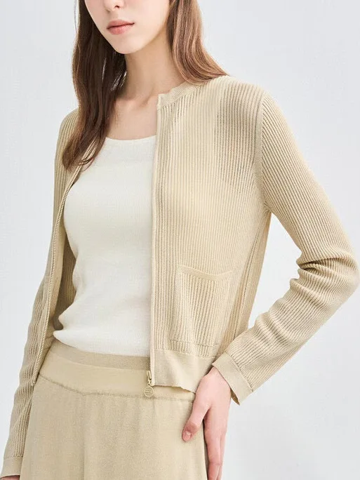 

Korean Single Brand Early Autumn Simple Large round Ne Zipper Slim Fit Hollow out Knitted Open Cardigan Women's Faion