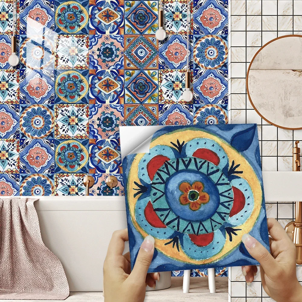 10pcs Retro Mandala Style Tiles Sticker Kitchen Backsplash Oil-proof Cupboard Washbasin Peel & Stick Waterproof Art Wallpaper