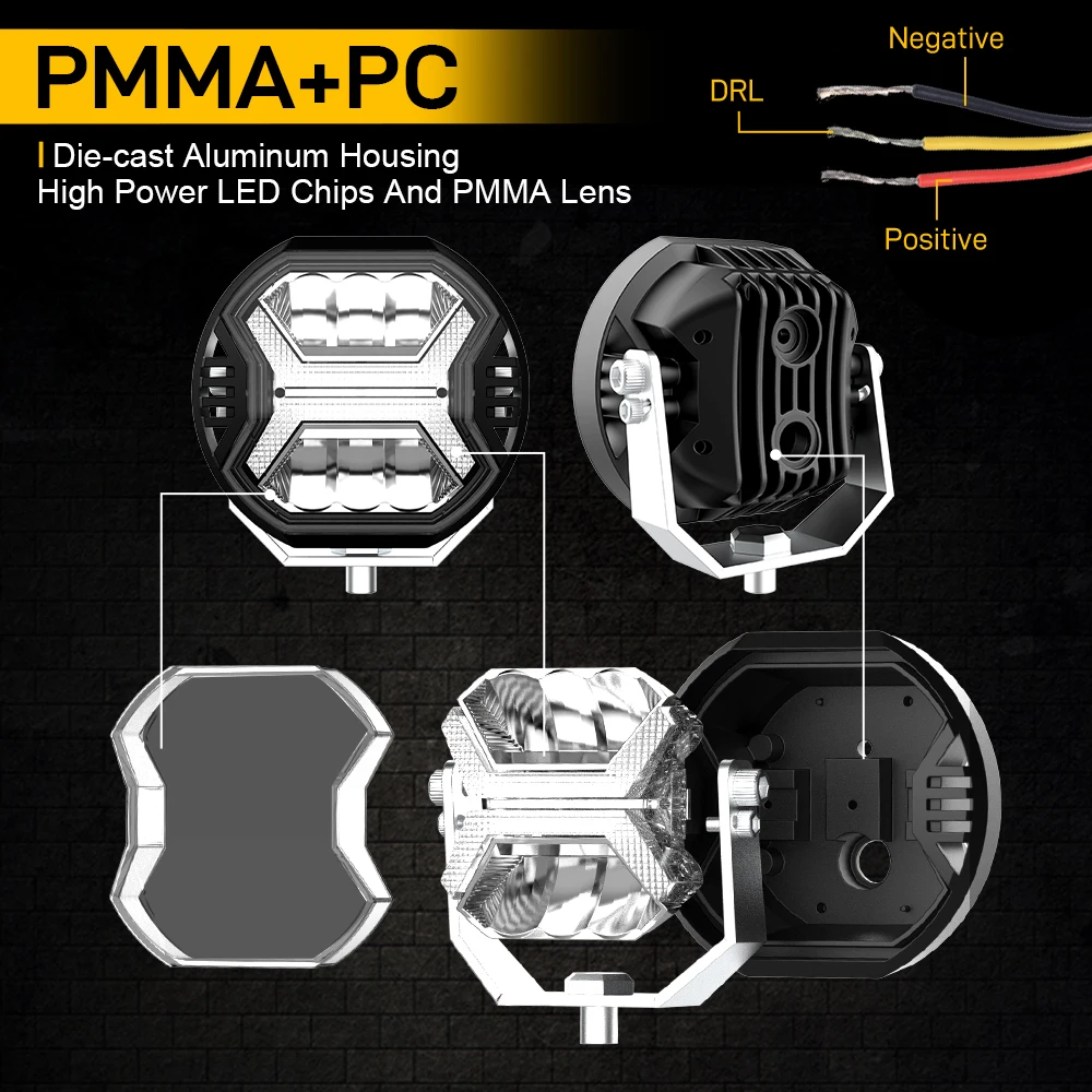 Barra de luz Led de trabajo para coche de 4 pulgadas, foco de luz de conducción DRL ámbar de 12v para Jeep, barco todoterreno, Tractor, camión, 4x4,