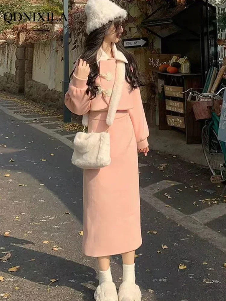 Autumn Winter New Women\'s Preppy Suit 2 Piece Sets Sweet Fashion Thickened Tweed Short Coat Hight Waist Slim Skirts Women Outfit