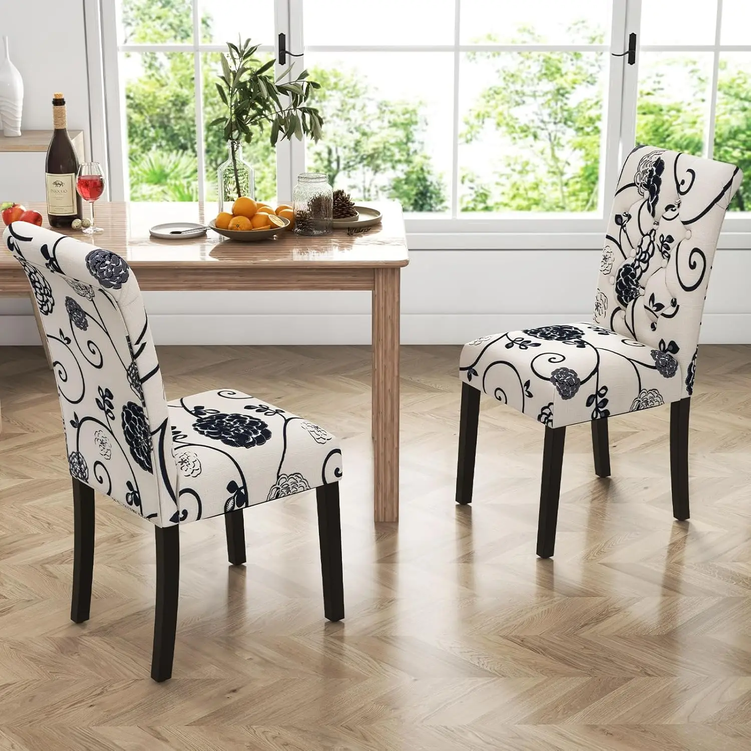 Upholstered Dining Chairs Set of 2, Tufted Fabric Kitchen Chairs w/Padded Seat & Rubber Wood Legs, Farmhouse Accent Chairs w/Pat