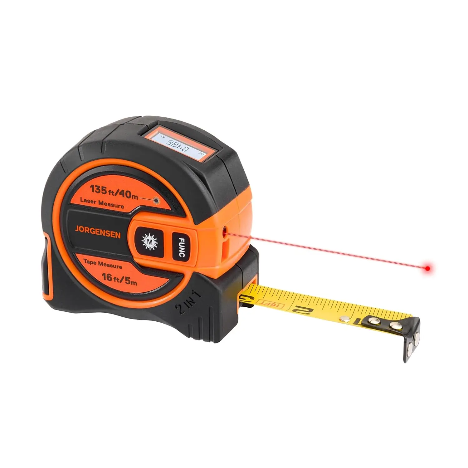 

2-in-1 Laser Tape Measure, 135Ft Laser Tool & 16Ft Tape with Magnetic Hook for Area, Volume, Pythagorean in Ft/In/M