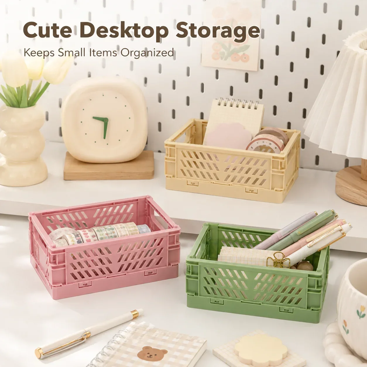 Mini Collapsible Plastic Storage Basket, Desk Organizer for Student Supplies, Foldable Holder for Journal Tape