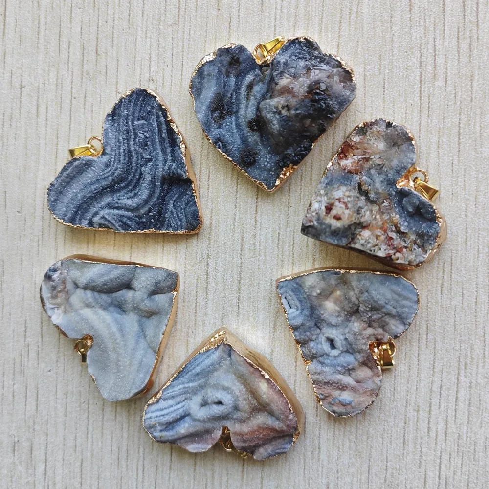 Natural Galaxy Sun Agate Gold Color Side Irregular Heart Pendants for Necklaces Jewelry Making 6pcs/lot Wholesale Free Shipping
