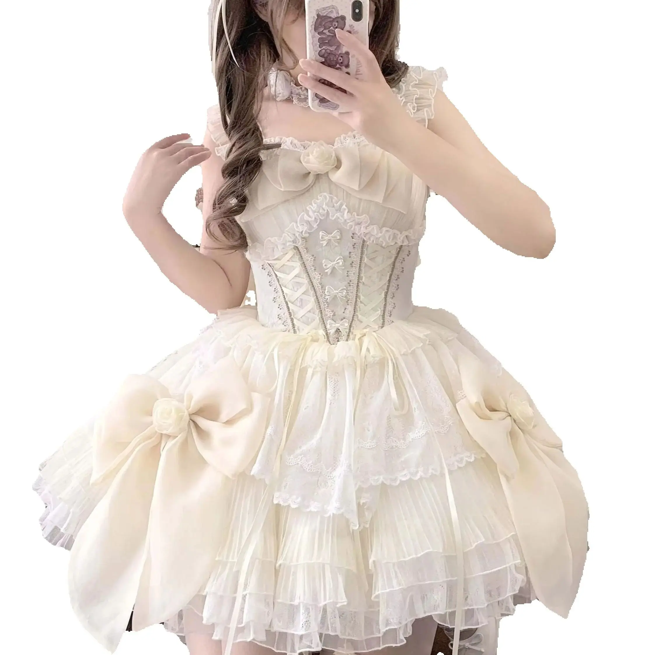 Dophee Original ผู้หญิงชุดแต่งงานดอกไม้ Elegant ลูกไม้เย็บแขนกุดชุดกระโปรง Lolita วันเกิดชุดสั้น