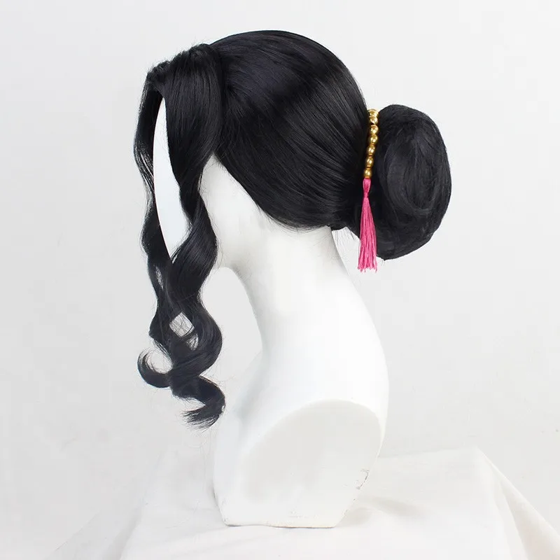 Demon Slayer Kibutsuji Muzan Anime Cosplay Wigs Black Split Ponytail Tiger Mouth Clip Large Hair Bag Synthetic Lolita Wig