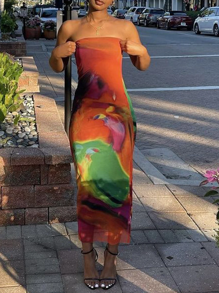 ชุดเดรสตาข่ายมัดย้อมสำหรับผู้หญิงเดรสเกาะอกแขนกุดเปิดหลังชุดเดรสแมกซี่เดรสชุดเดรสปาร์ตี้ยาวชายหาด