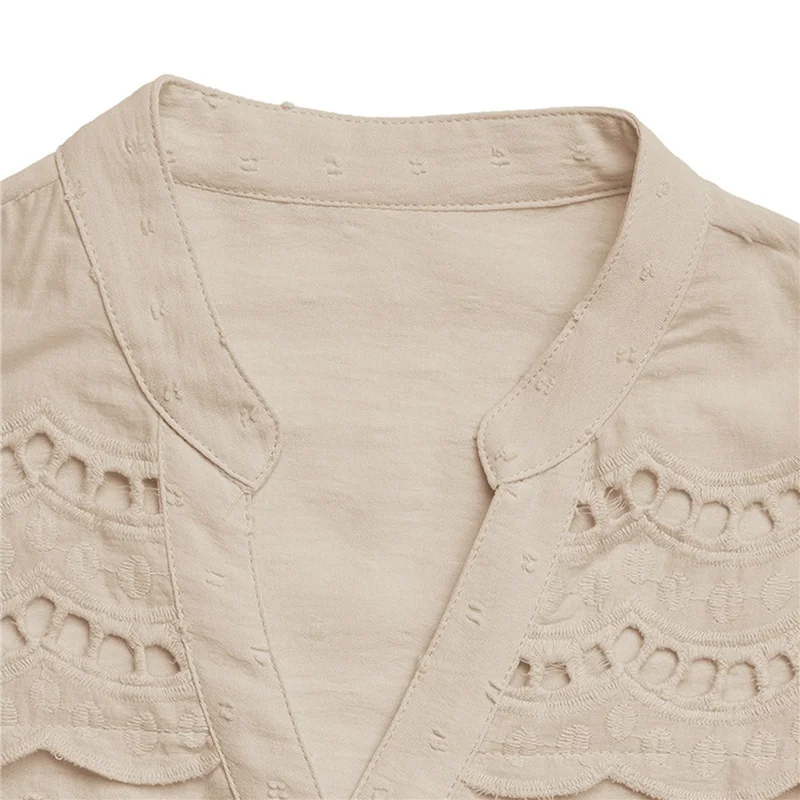 

【Party-Decoration】Women's Eyelet Embroidery Blouse V Neck Button Down Shirt Flounce Short Sleeve Top With Cutout Detail