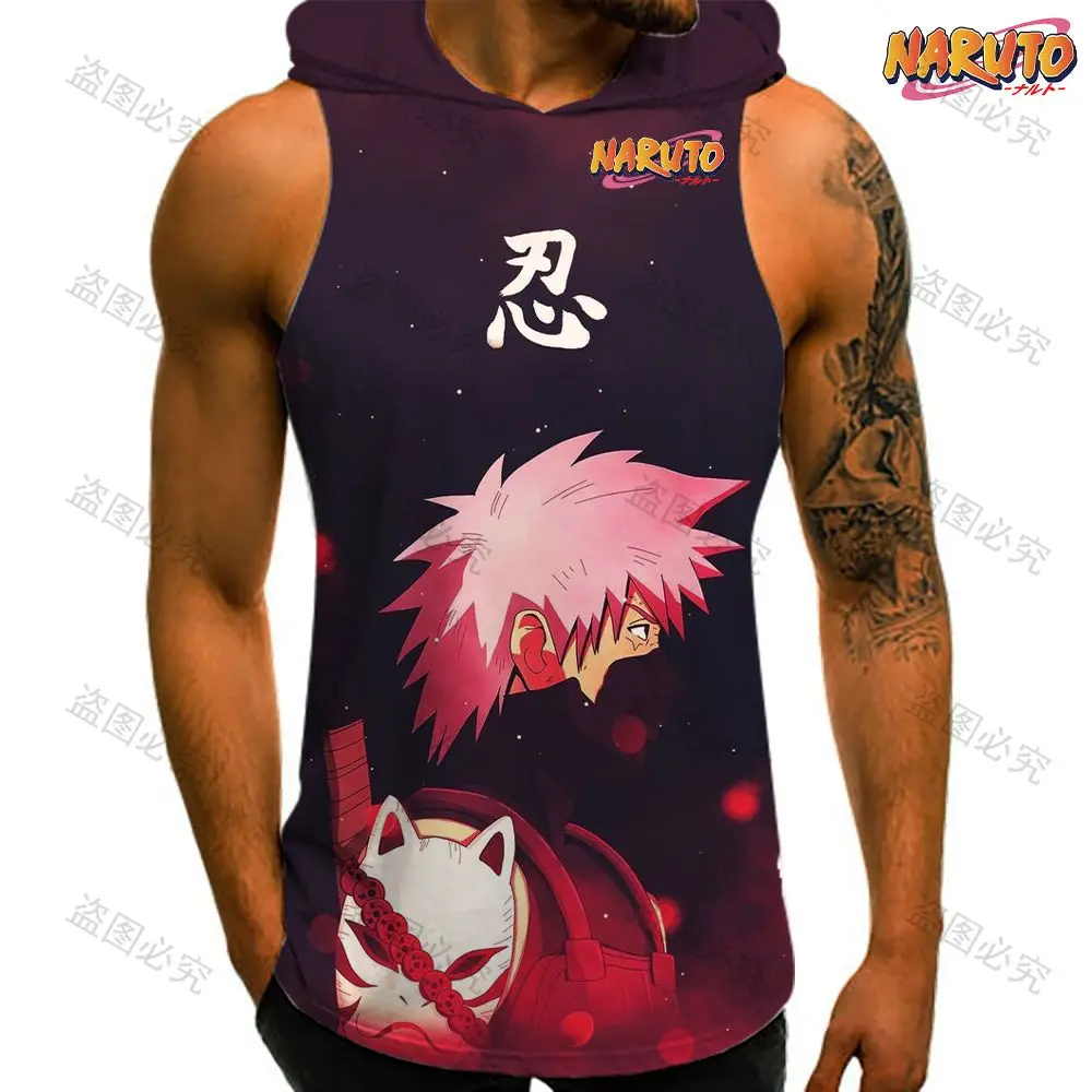 Sportswear for Men Oversized Naruto Men's T-shirts Essentials Hooded Vest Y2k Gym Clothing Hip Hop Harajuku Style Clothes 2023