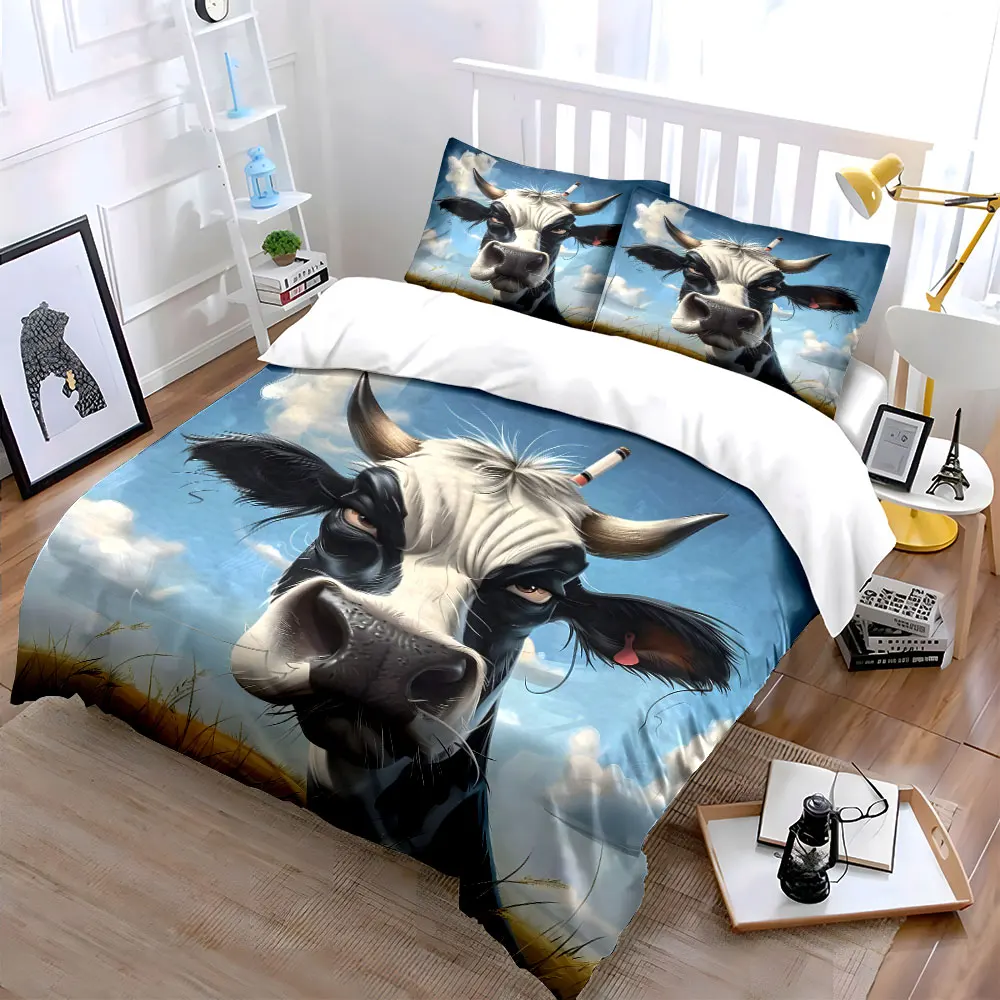 Close-up of black-white cow head adorned Duvet Cover Set with 3D Printing Design Soft Polyester Bedding Set All-Season Comfort