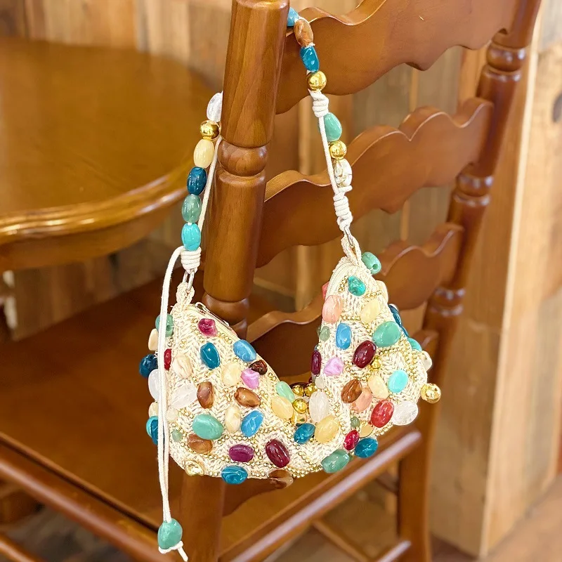 Bohemian Beading Shoulder Bag For Women French Casual Fashion Vacation Style Colorful Stone Decoration Luxury Design Handbags