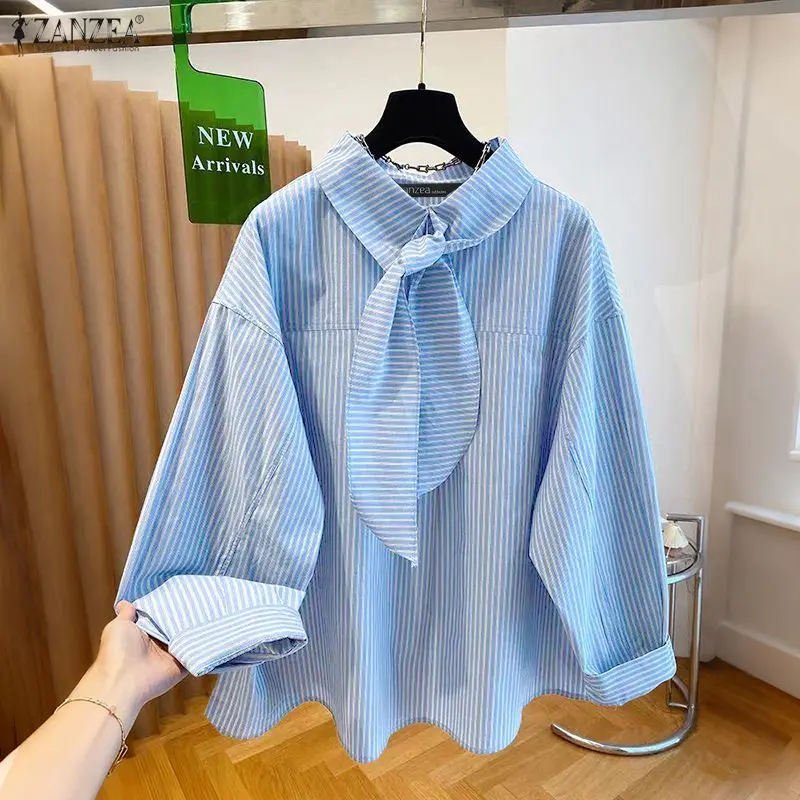 

ZANZEA Винтажная полосатая блузка для женщин, рубашка с принтом, осень 2026, с длинным рукавом, повседневная туника, элегантные блузы в стиле OL