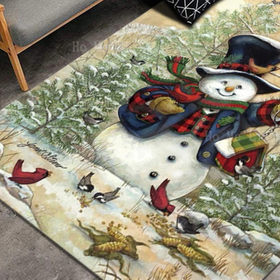 The Snowman Is Feeding The Cardinals Food In The Cold Winter Non Slip Flannel Floor Rugs By Ho Me Lili