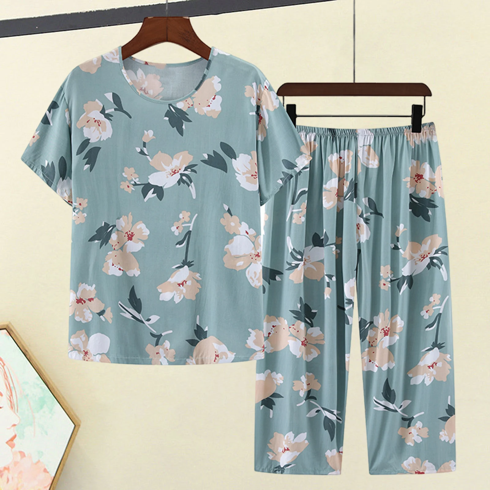 Summer sleepwear thin short sleeved round neck top, cropped pants two-piece set, middle-aged mom home wear, casual sports set