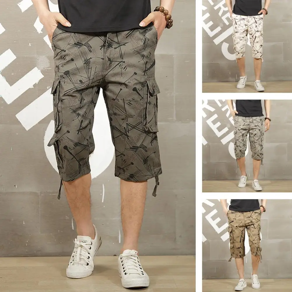 Men Retro Style Cropped Pants Stylish Summer Men's Cropped Pants Plus Size Loose Fit Multi Pockets Button-zipper for Vacation