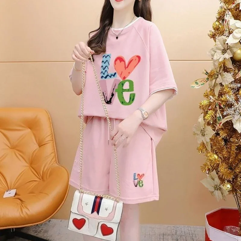 

Alphabet Loose Short Sets for Women 2 Pieces T Shirt Pink New Features of Matching Vacation Outfits 2025 Two-piece Woman Shorts