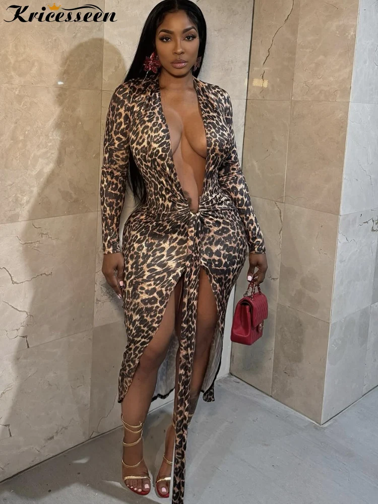 Kricesseen Wild Cheetah Print Tiefer V-Ausschnitt Lange Träger Midikleid Damen Langarm High Slit Metal Night Out Kleid Clubwear