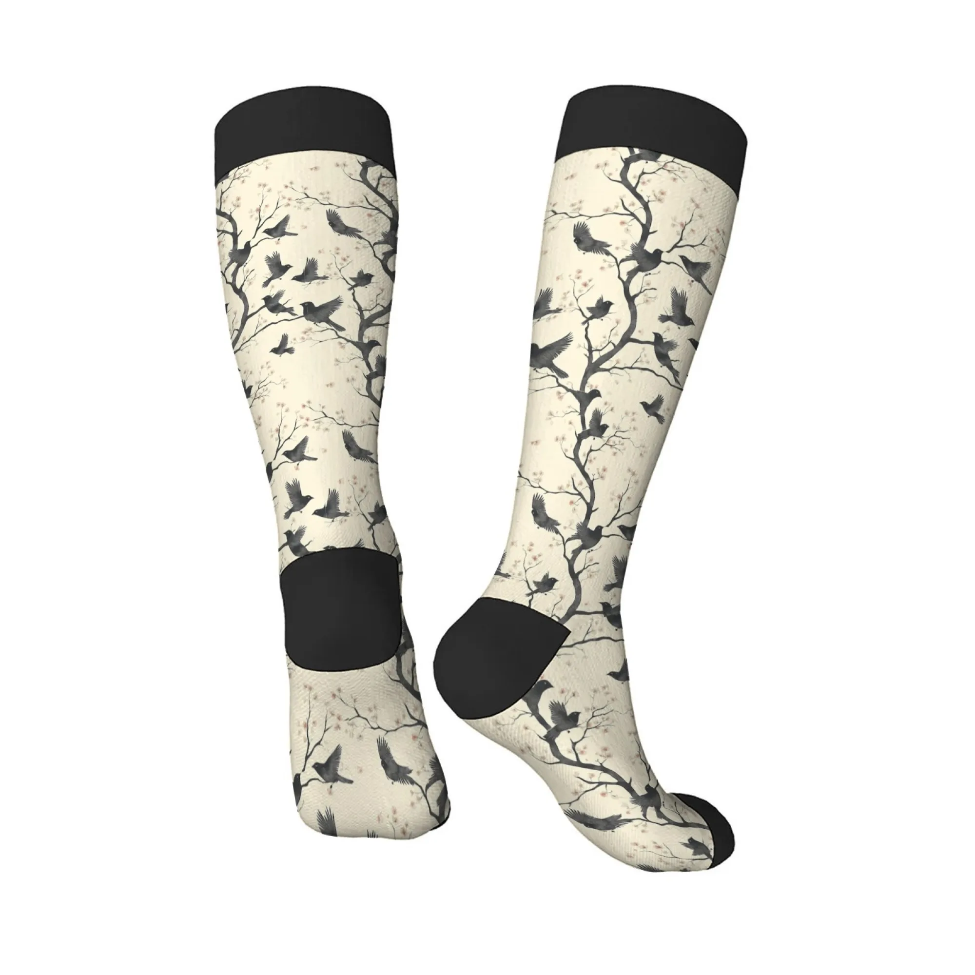 Literary Style Retro Knee High Socks Cute Branch & Bird Print Cream-white Tones Skin-Friendly Durable Stitching Party Looks