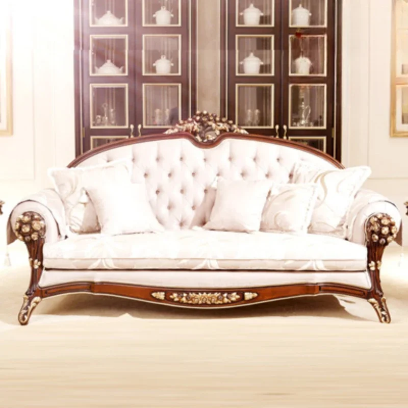 

Villa sofa combination, living room sofa, three-person sofa, solid wood carving flower fabric sofa