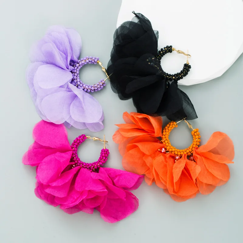 

Personalized and creative hand-woven beaded flower earrings and earrings, Bohemian chiffon flower earrings