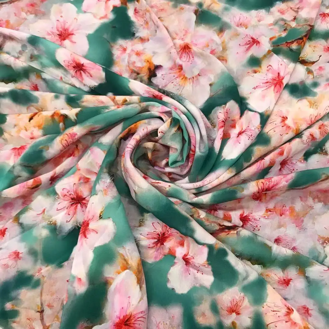 1 meter 100% Mulberry Silk 14 momme Crepe Silk Fabric Green Floral Printed 140cm 44