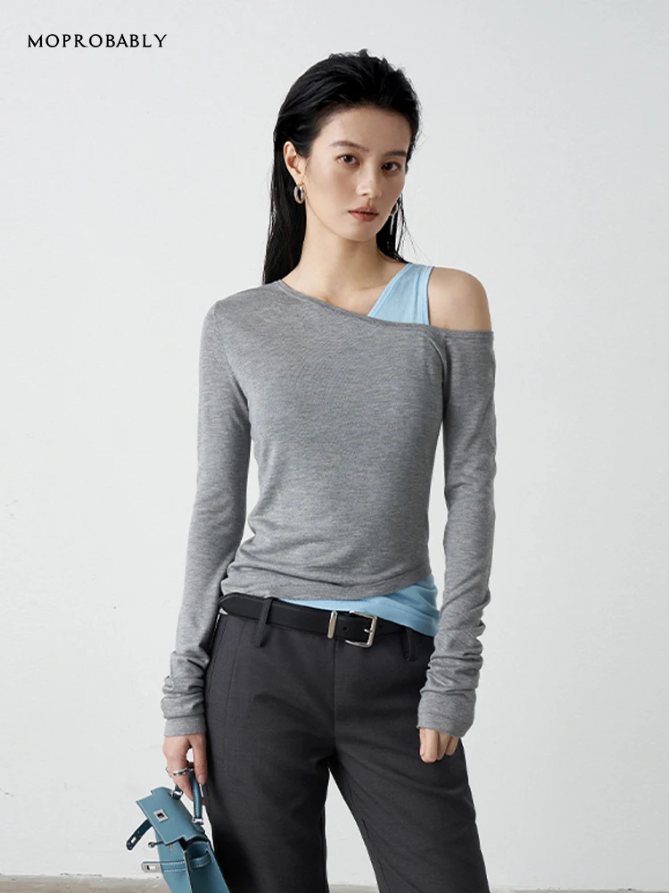 

Long Sve oulder Bared T irt Women's Faion Patchwork Slim Fit Knitted Casual Spring Season L576052 Pure Color