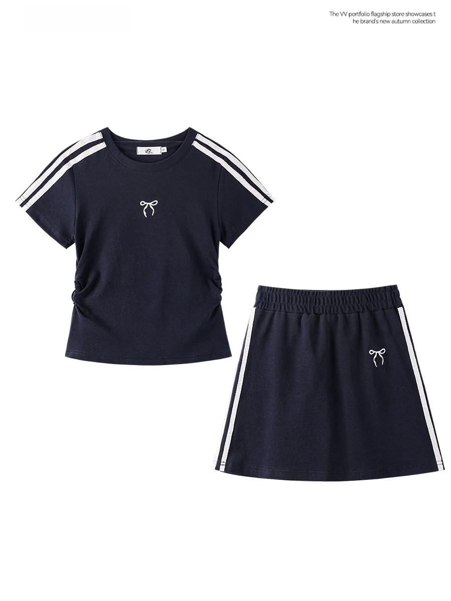 Retro High Waist Short Sleeve T-Shirt Women's College Style Spicy Girl  Knot Half Skirt Two Piece Set Autumn