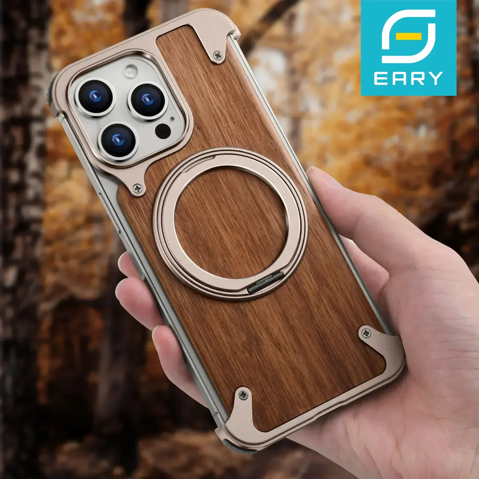 

Eary Magsafe Magnetic Phone Case for iPhone 16 15 14 Pro Max Wood Shockproof Protective Cover with 360° Rotating Ring Stand