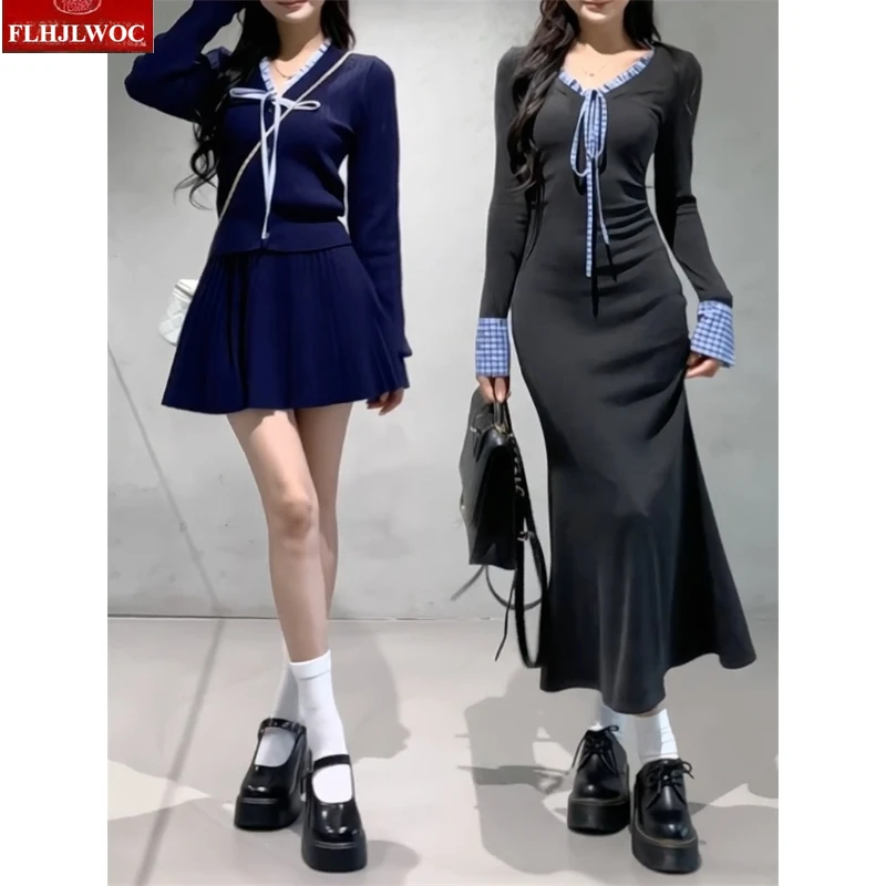 Herfst Winter Basic Lange Zeemeermin Fishtail Jurken Nieuwe Mode Leuke Zoete Japan Meisjes Retro Patchwork Plaid Strikje Shirt Jurk